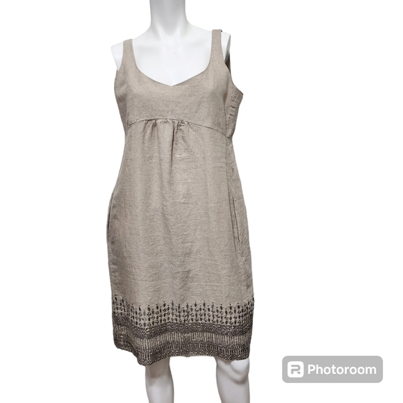 EILEEN FISHER Organic Linen Dress Sequin  Natural Tan Silver Khaki Size 8 - Picture 3 of 15